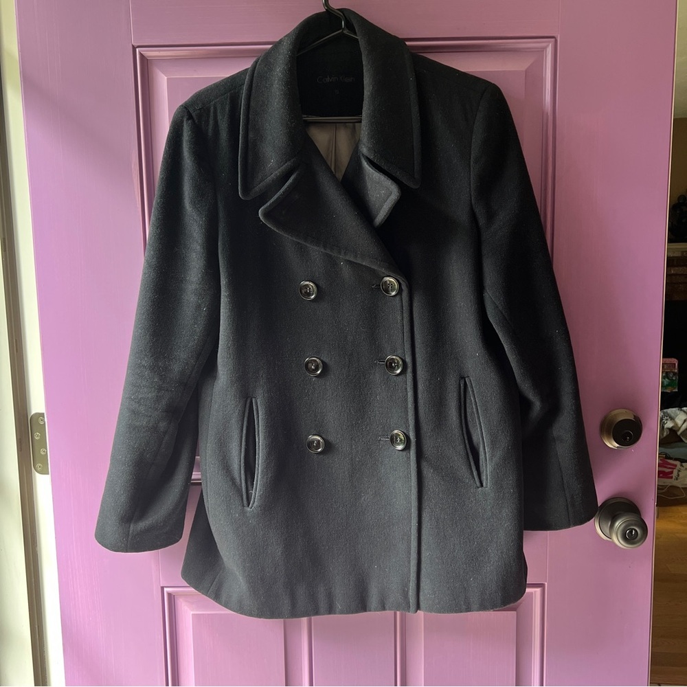 Calvin Klein Black Wool Cashmere Blend Double Breasted Pea Type Coat Size 10